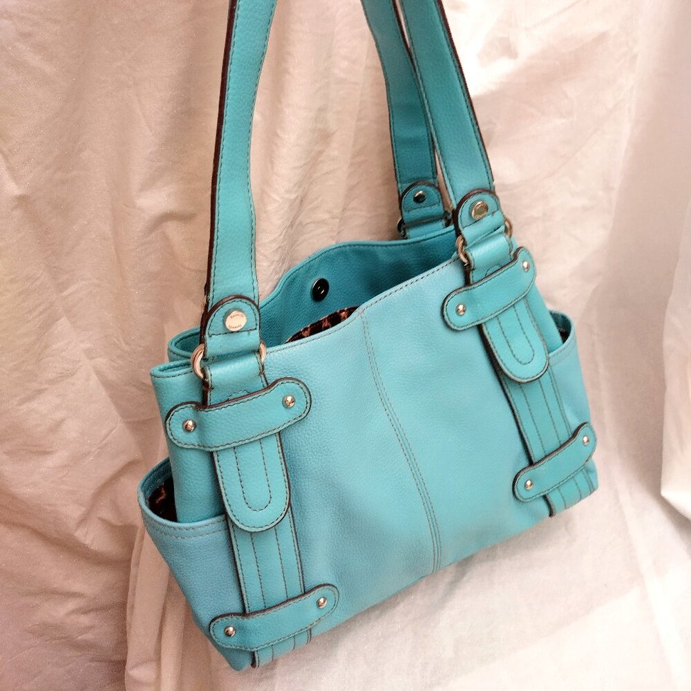 * TIGENANELLO, Turquoise Leather Baby Blue Large Handbag 15 x 12 Side Pockets